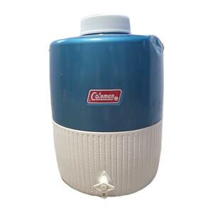 Vintage Coleman Water Jug 2 Gallon Blue White Metal Plastic With Cup USA